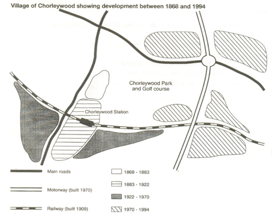 Village of Chorleywood showing development between 1868 and 1994 12