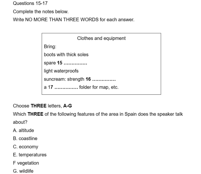 clothes and equipment practice reading itts