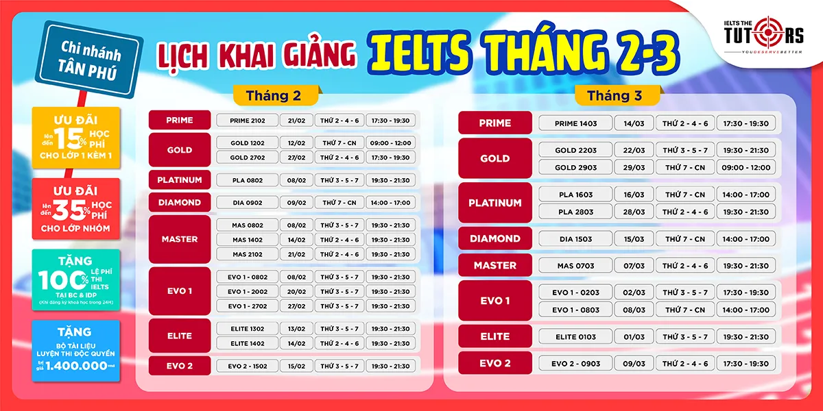lịch khai giảng tháng 2 và 3 chi nhánh tân phú