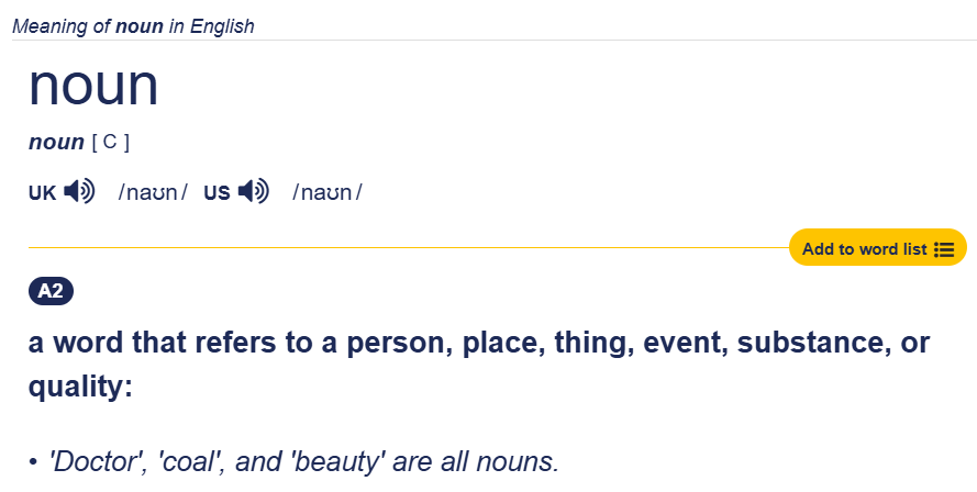 định nghĩa từ cambridge về noun 2