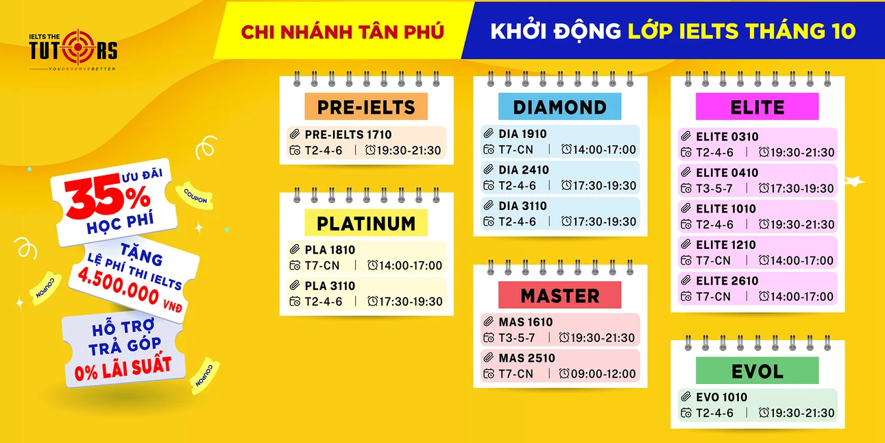 lịch khai giảng IELTS The Tutors tháng 10 - Tân Phú - 23092501