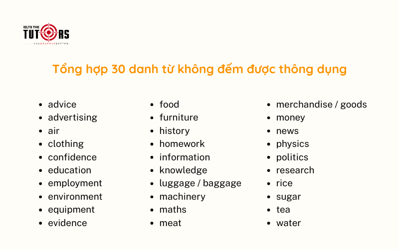30 danh từ không đếm được thông dụng