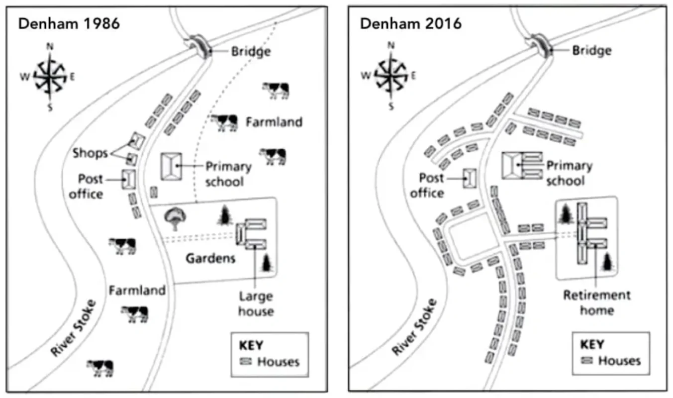 The maps below illustrate the changes that have taken place in the town of Denham between 1986 and the present day 190126