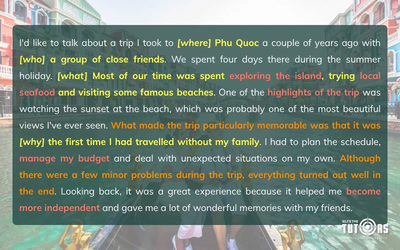 Ví dụ cue card describe a memorable trip you had