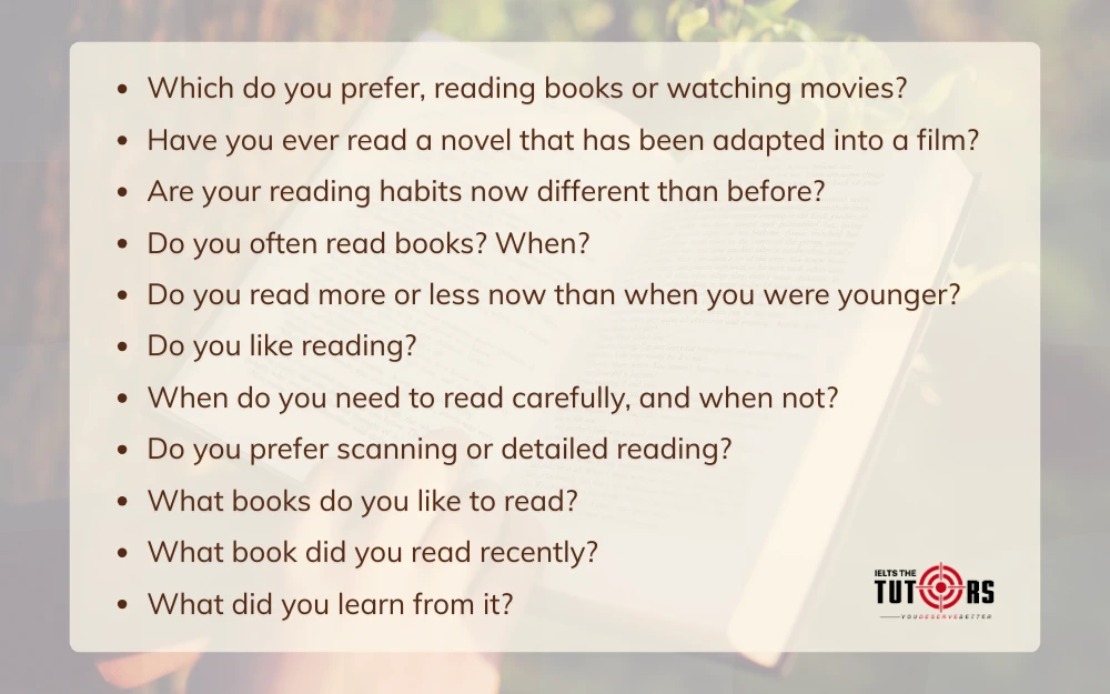 câu hỏi trong IELTS Speaking part 1 topic Reading Books