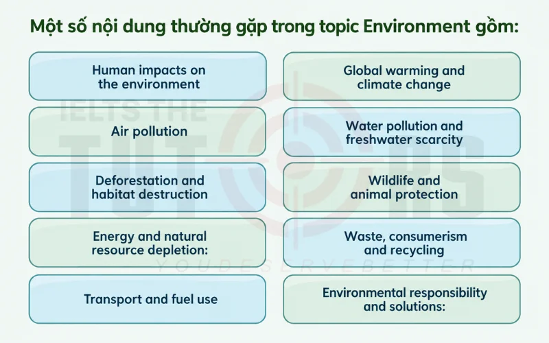 nội dung thường gặp trong IELTS Writing task 2 topic Environment